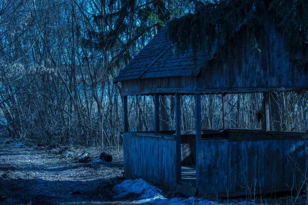 Mystérieux Belvédère Bois Dans Forêt Soir Personne Autour Est Couper — Photo