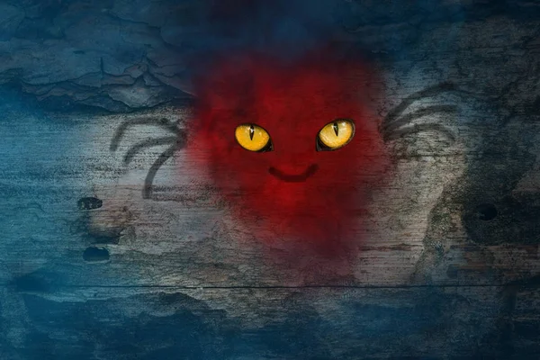 Red Ghost Big Orange Eyes Blue Mist Background Old Tree — Stock Photo, Image