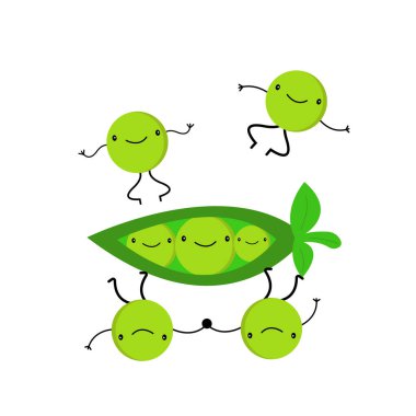 Bezelye çizgi film karakterleri beyaz bir zemin üzerinde gülüyor ve atlıyor tarım ve bitki nesneleri beyaz arka planda