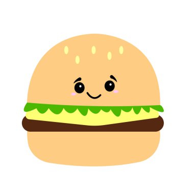 Et ve peynir çizgi film karakteri beyaz arka planda gülümseyen tatlı hamburger fast food konsepti.