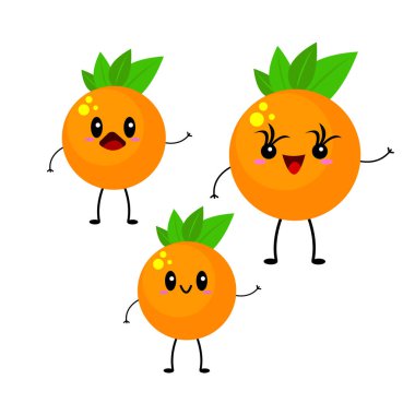 Farklı duyguları olan tropikal meyvelerin turuncu çizgi film karakterleri ve beyaz arka planda yeşil yaprakların saç stili olan vitamin ve yiyecek nesneleri.