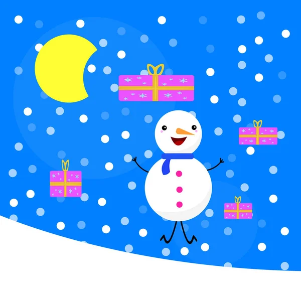 Сніговик Стрибає Радістю Сніжному Схилі Навколо Коробки Подарунками Яскравою Концепцією — стоковий вектор