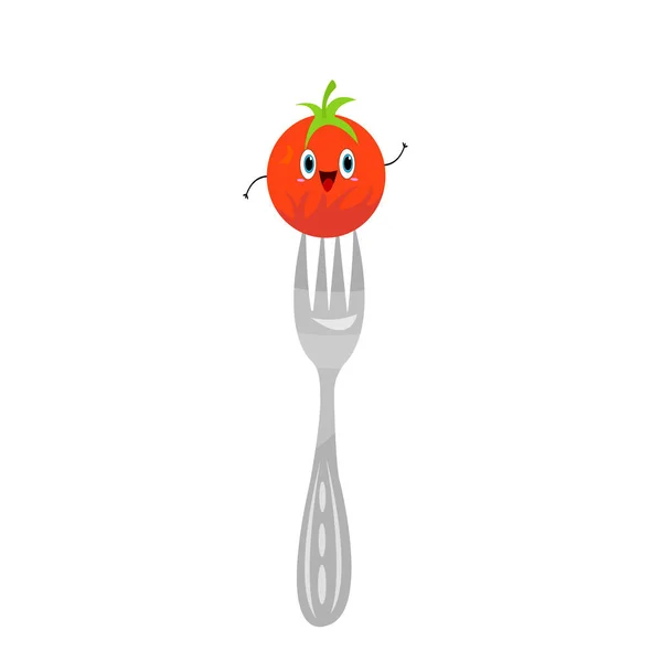 Rojo Tomate Alegre Personaje Dibujos Animados Tenedor Concepto Comida Snack — Archivo Imágenes Vectoriales