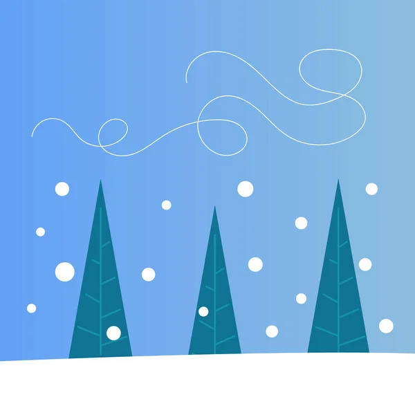 Driehoekige Kerstbomen Vallende Sneeuwballen Kronkelend Patroon Van Dunne Witte Lijn — Stockvector