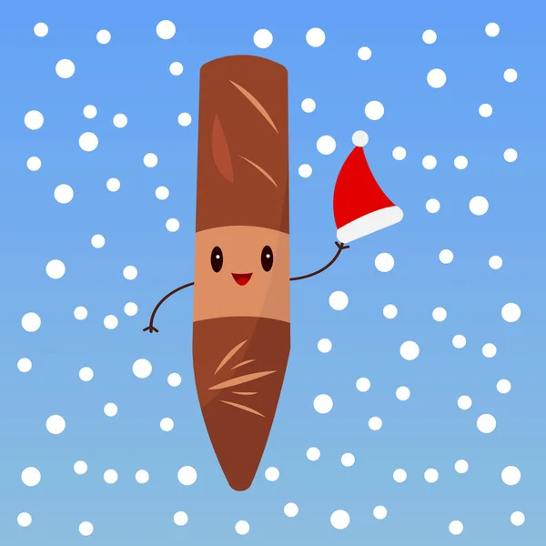Elinde kırmızı Noel Baba şapkası olan ve gülümseyen çizgi film karakteri mavi arka planda düşen kar konseptiyle kış tatili ve Noel Baba 'nın nesnesini tutuyor.