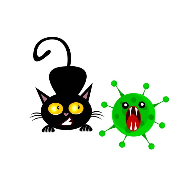 黒猫は緑のウイルスの概念動物と有害な細菌のオブジェクトで白の背景に粉砕 — ストックベクタ