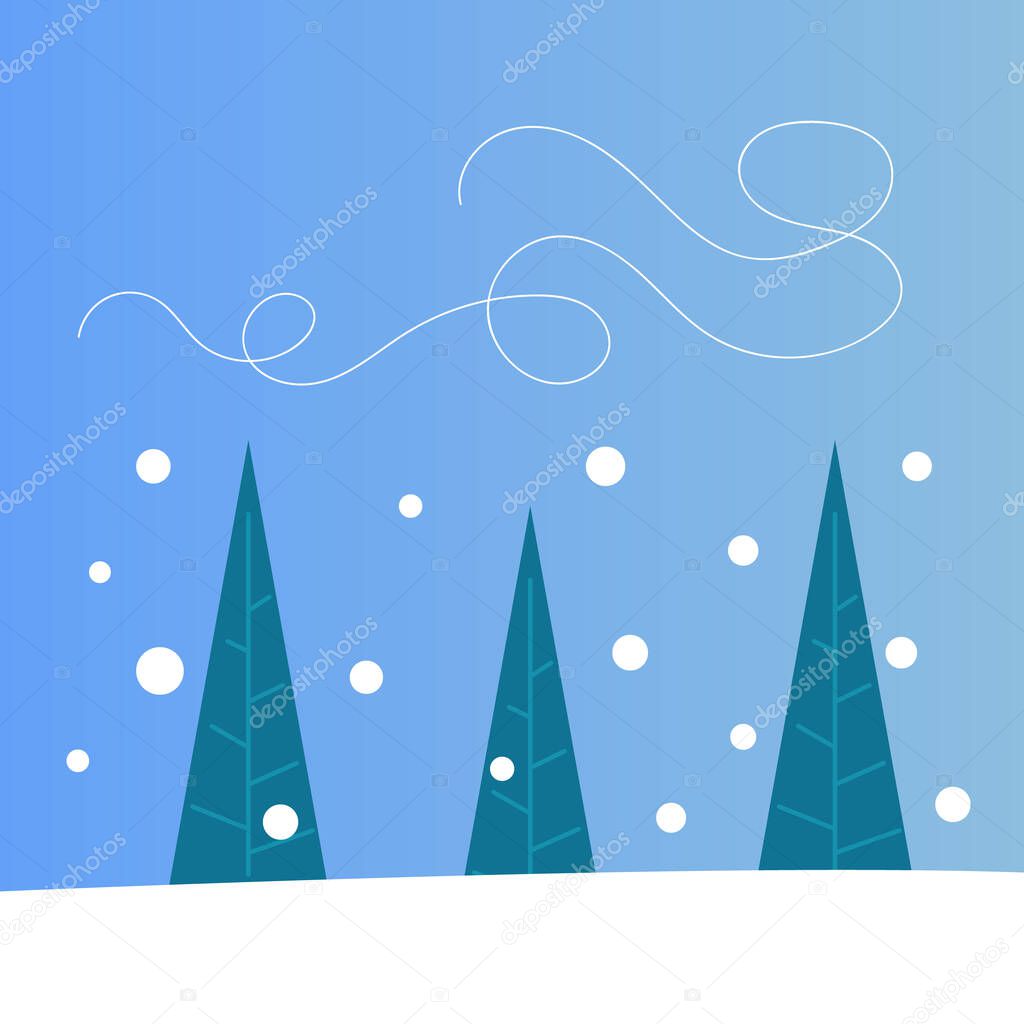 triangular christmas trees falling snowballs and winding pattern of thin white line on blue background nobody around winter landscape
