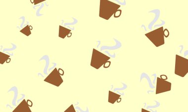 Popüler canlandırıcı içecek tasarım konsepti için sarı arka plan duvar kağıdında kahverengi kahve fincanları ve gri buhar.