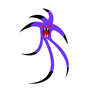 Dokunaçlarında siyah desenleri olan mor bir mikroorganizma keskin dişleri olan, ağzı açık kırmızı dişli, şeytani gözlü zararlı bakteri ve canavarların beyaz arka plan kavramına itiraz ediyor.