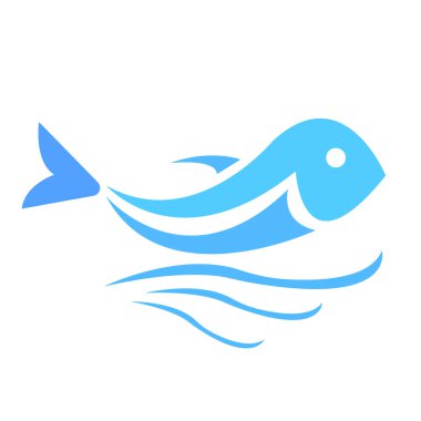 Beyaz bir zemin üzerinde balık ve deniz ürünlerinin sembolü olan dalgalarda logo balıkları yüzer.