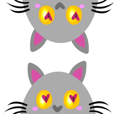 Çerçevenin kenarından dışarı bakan gri kediler aşk objelerinde büyük gözlü çizgi film karakterleri beyaz arka plan evcil hayvan kavramına sahipler.