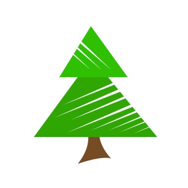 Kahverengi gövdeli köknar ağacı ve dizayn ormanı logosu. Popüler bitki kış tatili sembolü. Beyaz arka planda.