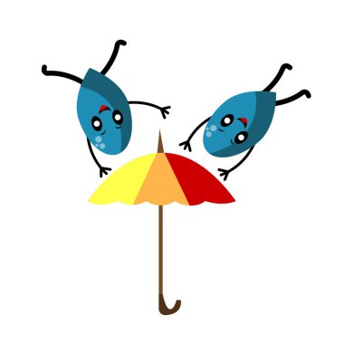 Sonbahar ve hava durumu tasarımı için şemsiye üzerine düşen yağmur damlaları çizgi film karakterleri