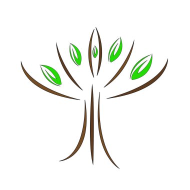 Ağaçların doğal logosu. Parlak yeşil yapraklar ve ince kahverengi dallar. Çevre kavramı.