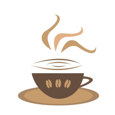 Bir fincan fincan kahve ve beyaz arka planda buhar desenleri var.