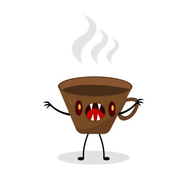 Kahve fincanı canavarı çizgi film karakteri keskin dişleri olan, ağzı açık, parlak turuncu gözleri olan, beyaz arka planda ürkütücü bir şekilde poz veren, popüler, canlandırıcı içki konsepti olan.