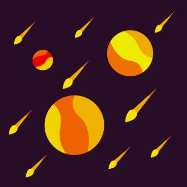 Uzayda turuncu sonbahar gezegenleri ve yapraklar şeklinde düşen meteorlar. Altın mevsim ve doğa konsepti