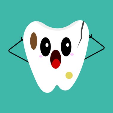 Kirli lekeleri ve çatlağı olan çürük dişler. Mavi arka plan hijyen ve diş hekimliği kavramında acı içinde bağıran korkmuş bir çizgi film karakteri.