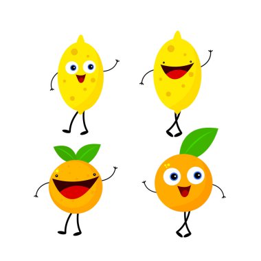 Portakallar ve limonlar çizgi film karakterleri beyaz arka plan gıda ve vitamin konsepti üzerinde tropikal meyveler