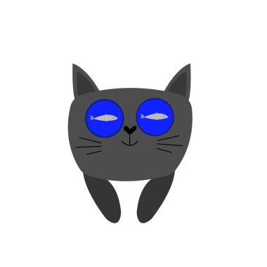 Büyük yuvarlak gözlü gri kedi mavi suda yüzen bir balığı yansıtır. Beyaz arka planda tasarım için evcil bir nesne kavramı.