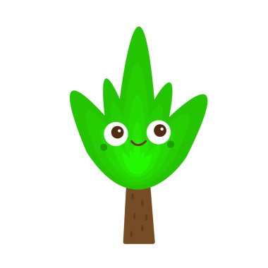 Yuvarlak kahverengi gözlü büyüleyici orman ağacı ve beyaz arka plan doğa ve çevre kavramına sahip sevimli bir çizgi film karakteri.