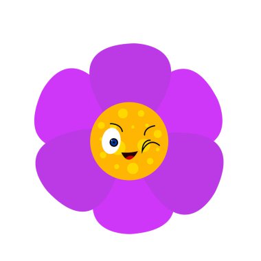 Mor yapraklı çizgi film karakteri göz kırpan çiçek beyaz arkaplana yakın plan nesne yerleştirir