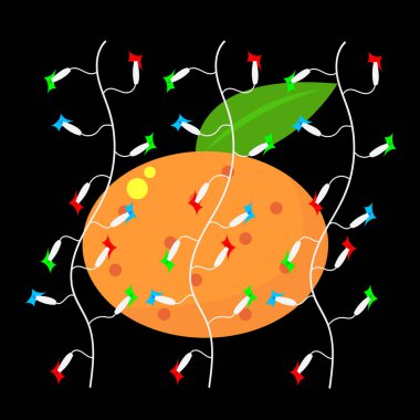 Mandalina arka planında beyaz kablo bulunan çok renkli çelenkler Noel ve yeni yıl için