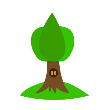 Forest tree with a green crown and a brown trunk from a hollow of which a hiding inhabitant peeps out bright orange eyes object on a white background vector Forest tree with a green crown and a brown trunk from a hollow of which a hiding inhabitant peeps out bright orange eyes object on a white background vector