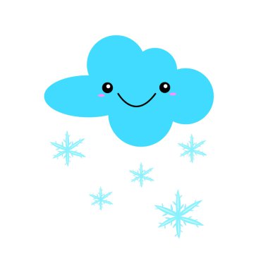Tatlı gülüşü ve düşen kar taneleri olan bulutlu çizgi film karakteri beyaz arka plan kavramına ve ilk kar yağışına sahip nesne
