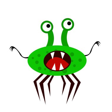 Beyaz arka plan mistisizmi ve cadılar bayramı kavramında altı pençeli yeşil canavar ve sivri dişli çizgi film karakteri