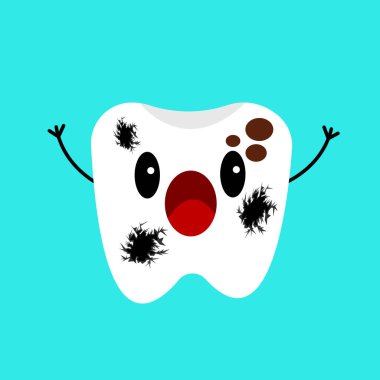 Yüzeyde koyu çatlaklar ve kirli lekeler olan dişleri korkan çizgi film karakteri mavi arka plan konsepti olan sağlık ve dişçilik üzerine nesne