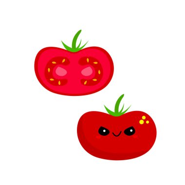 Tüm domates ve yarım çizgi film karakteri, beyaz arka plan sebze ve yiyecek kavramına gülümsüyor.