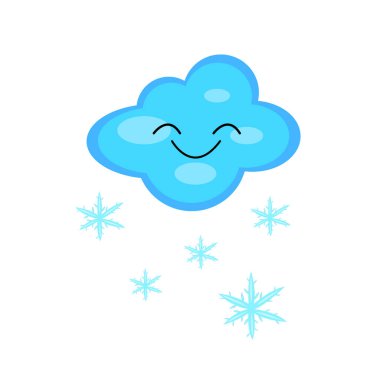 Beyaz arka planda mavi bulutlu sevimli çizgi film karakteri büyüleyici kar taneleri konsepti kış ve ilk soğuk hava