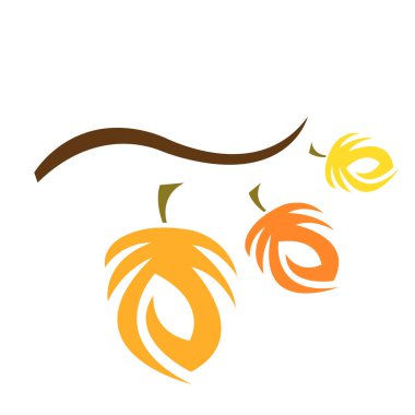 Dalgalı ahşap dallar ve çok renkli sonbahar yaprakları altın sezonun ve doğanın beyaz arka plan kavramının tasarımı için parlak bitkilerin logosunu oluşturuyor.