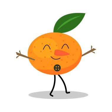 Çizgi film karakteri Mandarin, kardan adam burunlu havuç, tahta dallar, beyaz arka plan konsepti, kış tatili ve yeni yıl tatili gibi şeylere benziyor.