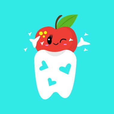 Mavi arka plan sağlık ve diş sağlığı konsepti üzerinde elma ve temiz dişli nesneler