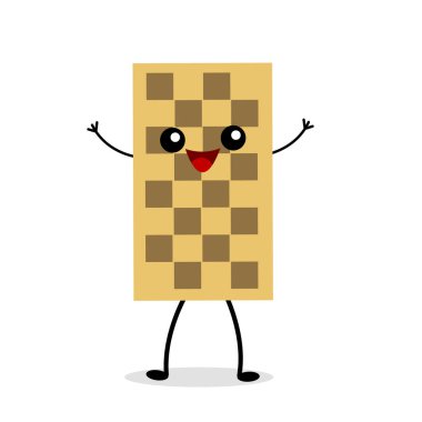 Tahta satranç tahtası çizgi film karakteri beyaz arka plan masa oyunları konseptine neşeyle gülüyor