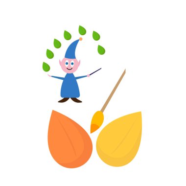 Sihirbaz çizgi film karakteri mavi şapkalı ve değnekli sonbahar yaprakları kavramını resmediyor. Mucize ve altın sezonluk nesne beyaz arka planda.