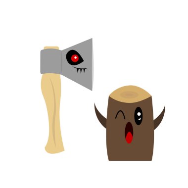 Korkan kütük ve kızgın sivri diş baltalı komik çizgi film karakteri beyaz arka plan konsepti ahşap işçiliği ve endüstri