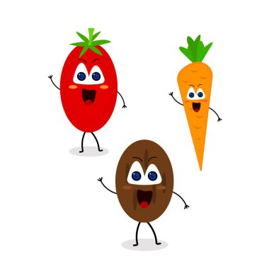 Komik sebzeler, domates havucu ve patatesli şirin çizgi film karakterleri. Mavi gözlü ve gülümseyen yiyecek konsepti ve beyaz arka planda yaz hasat nesneleri.