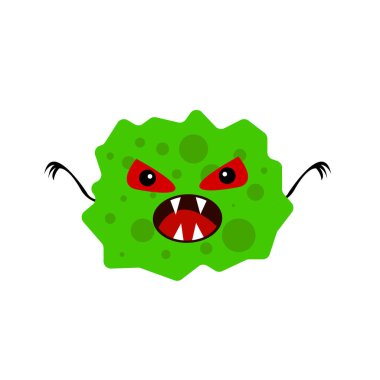 Kırmızı şeytani gözlü yeşil canavar ve keskin dişli açık ağızlı mistisizm ve beyaz arka planda cadılar bayramı nesnesi.