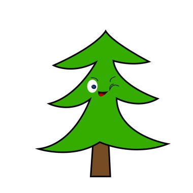 Yeşil dallı ladin ağacı. Çizgi film karakteri. Beyaz arka planda gülümseyip göz kırpıyor.