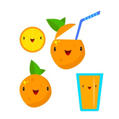 Portakal suyu ve taze meyve suyu beyaz arka plan konsepti ve tropikal meyvelerle gülen komik çizgi film karakterleri.