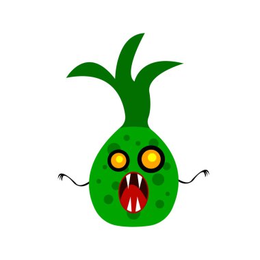 Yuvarlak siyah benekli yeşil canavar turuncu gözler ve sivri dişler beyaz arka planda mistisizm ve cadılar bayramı kavramında nesne.