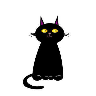 Beyaz arka planda parlak turuncu gözlü kara kedi oturmaktadır. Evcil hayvan ve şirinlik kavramı.