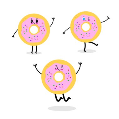 donut. Beyaz yemek ve tatlı kavramına izole edilmiş gülümseyen komik fast food karakterleri.