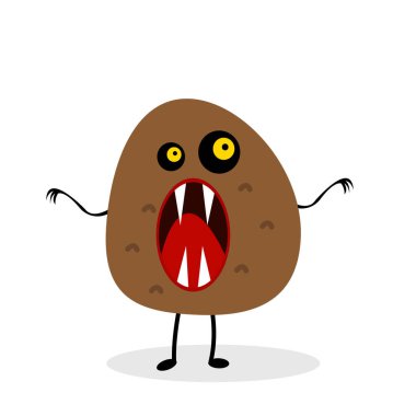 Sivri dişli patates canavarı ve beyaz arka plan çizgi film karakteri üzerinde açık ağızlı bir obje. Farklı boyutlarda parlak turuncu gözleri olan sebze ve mistisizm kavramı.
