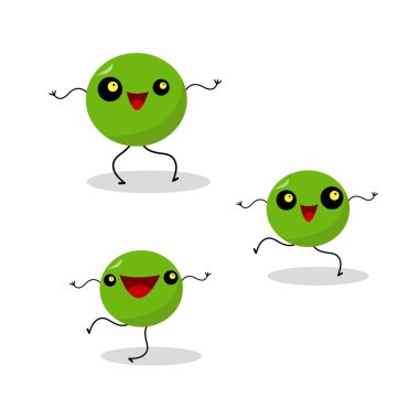 Yeşil bezelye çizgi film karakteri farklı hareketlerin beyaz arka planında gülüyor ve dans ediyor. Yemek ve malzeme kavramı.