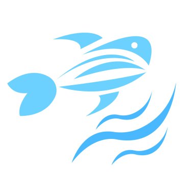 Deniz ürünleri ve balıkçılık tasarım konsepti için beyaz arka planda balık ve dalgalar sanatsal logo