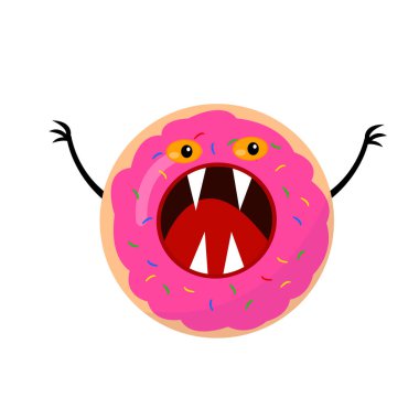 Donut Canavarı çizgi film karakteri keskin dişleri ve turuncu gözlü sağlıksız tatlı ve tatlı kavramı beyaz arka planda nesne